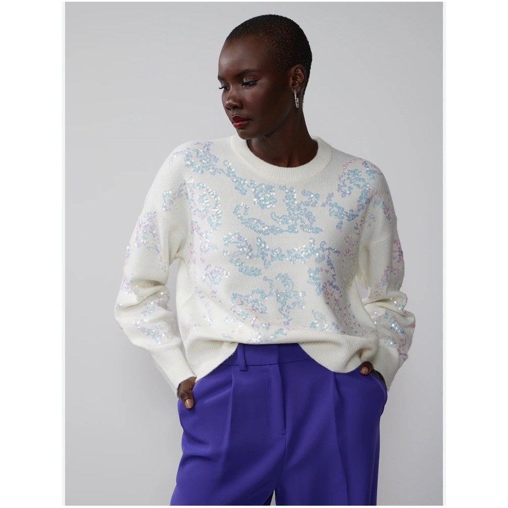NY&C 2X Ivory Sequin Embellished Sweater, Women's‎ Crewneck Pullover